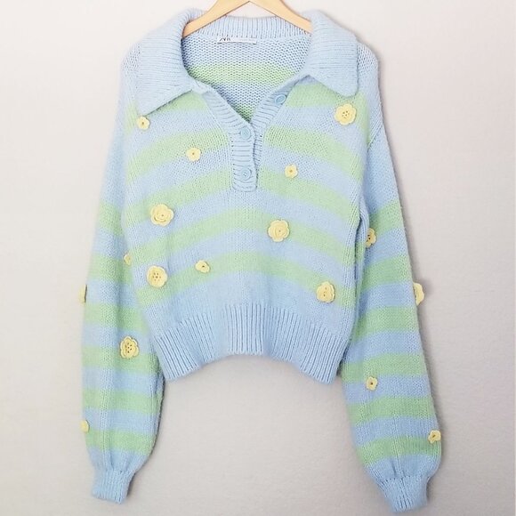 Zara Crochet 3D Floral Embroidered Striped Polo Collared Sweater L Blue Fairy - Picture 7 of 16